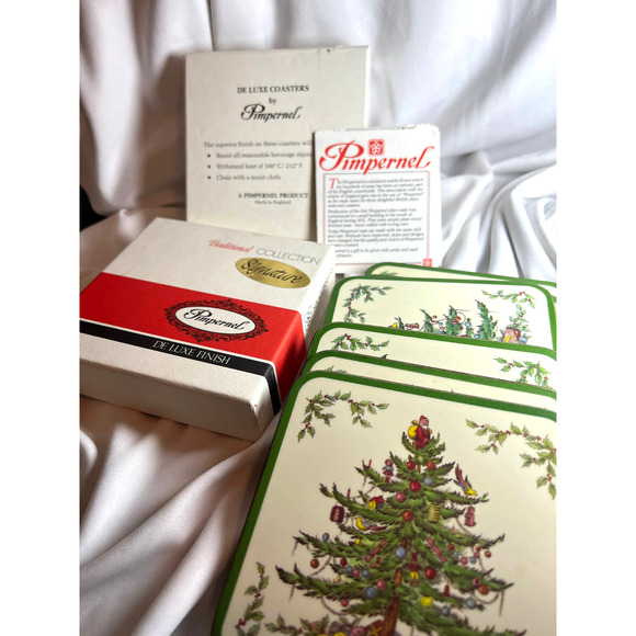 Vintage Spode Christmas Tree Coasters Pimpernel Set of 6 in box Square - Picture 1 of 5